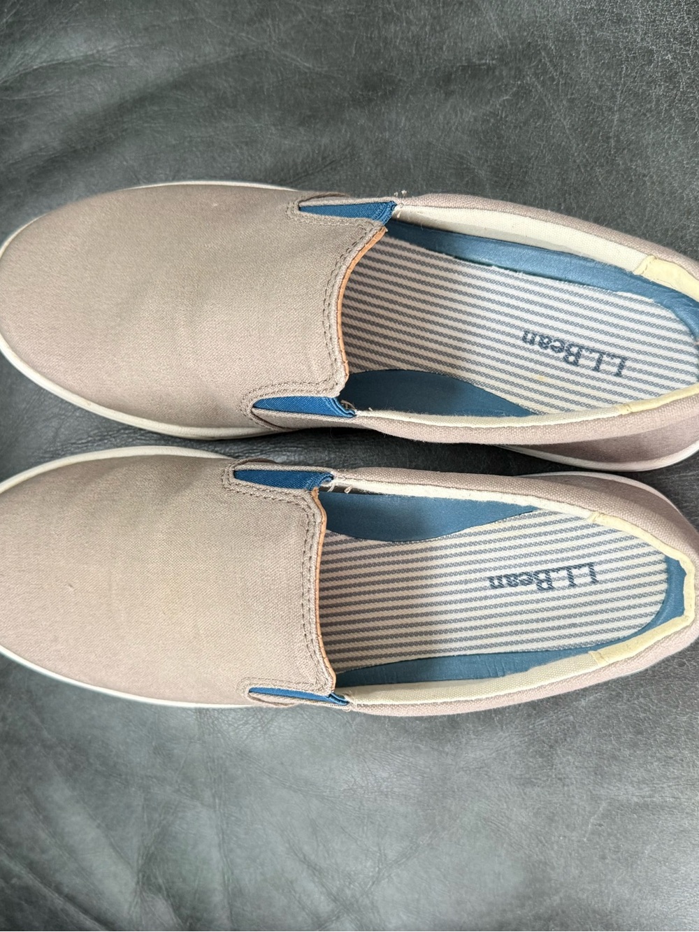 L.L. Bean Women’s Stone Canvas Slip-On Loafers with Blue Accents